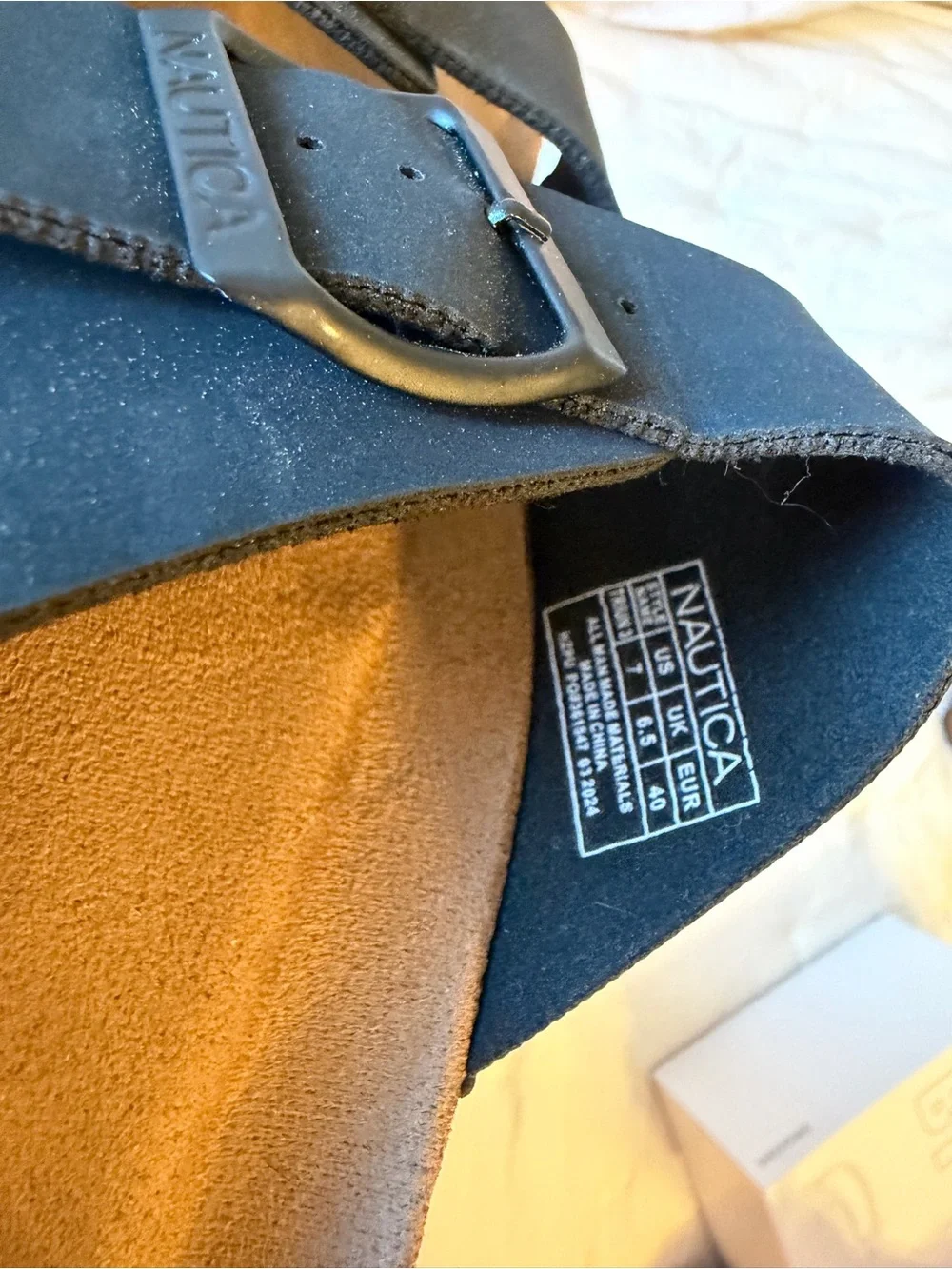 Nautica Black Dual-Strap Buckle Slide Sandals with Brown Footbed